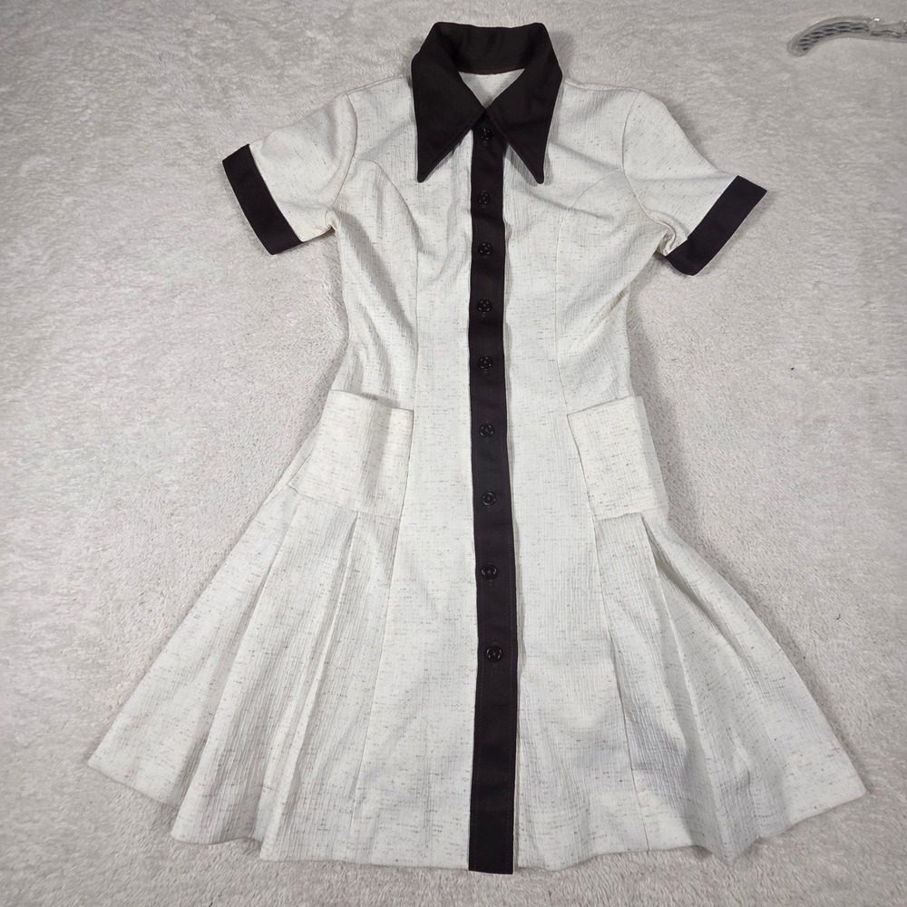 Handmade Mod Dress Women S Cream Brown 70s Retro Dagger Collar Pleated Mini